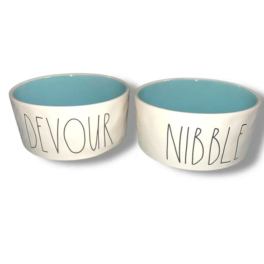 Rae Dunn Pet Dog Cat Dishes Food Bowls Nibble Devour Ceramic White Black Blue